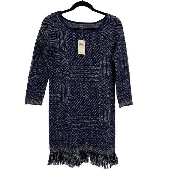 Lucky Brand Fringe Jacquard Mini Sweater Dress Long Sleeves Navy Boho Tribal XS - Picture 3 of 11